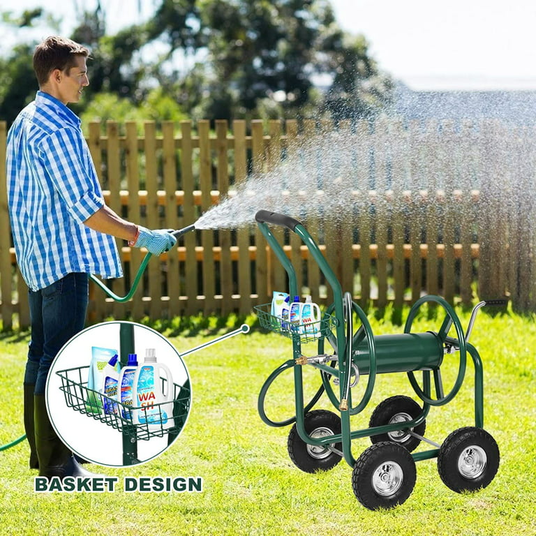 NiamVelo Garden Hose Reel Cart with Wheels, Water Hose Reel Cart Heavy Duty  Hose Reels for Outdoor Yard Lawn with Storage Basket, Green