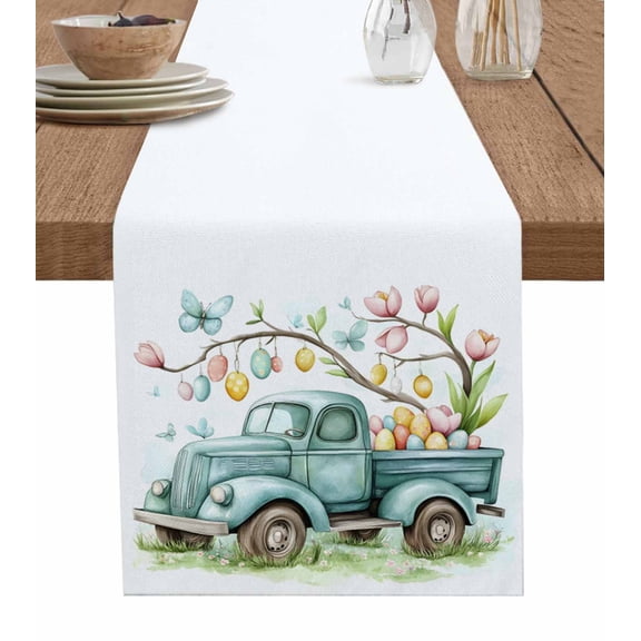 Easter Table Runner 90 Inches, Spring Truck Colorful Egg Tree Flowers Butterfly Bed Runner Dresser Scarves Tabletop for Indoor Outdoor Parties/Ceremony/Banquet, 13" x 90"