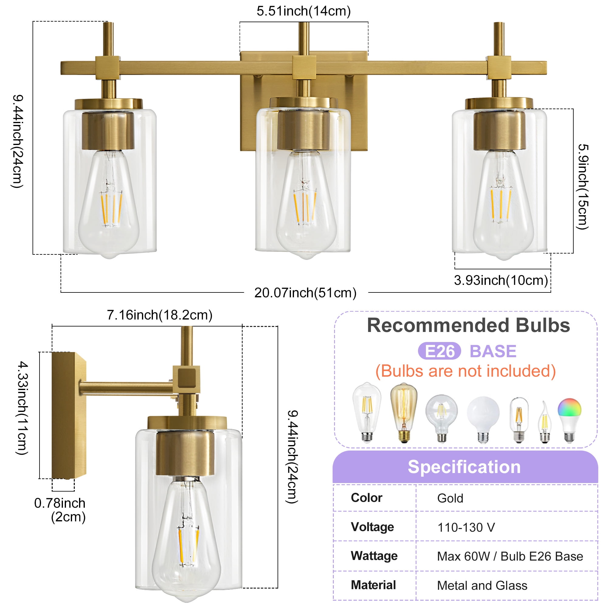 Deyidn 3-Light Gold Modern Vanity Light, 20-inch Luxury Mirror Lamp for Bathrooms and Bedroom
