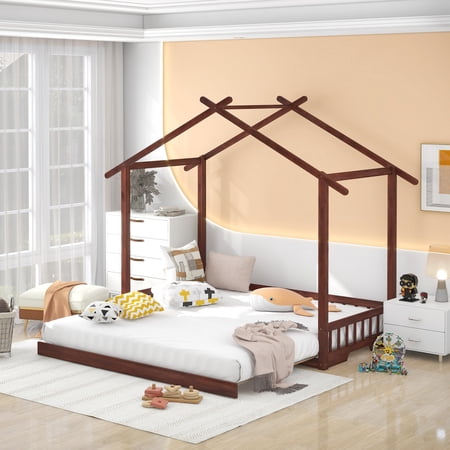 Sesslife Twin XL Size House Bed with Roof  Kids Floor House Bed Frame with Twin Trundle  No Box Spring Needed  Easy Assembly  Walnut