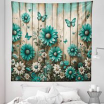 Ambesonne Rustic Tapestry Queen Size, Farmhouse Cold Tone Daisies, 88"x88", Turquoise and Grey Yellow