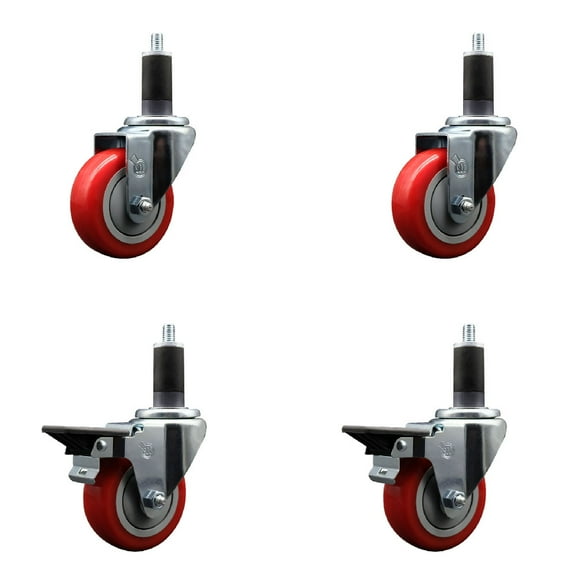 3.5 Inch Red Poly Wheel Swivel 1-1/4 Inch Expanding Stem Caster Set 2 Brakes SCC