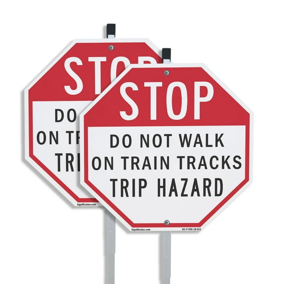 Stop Do Not Walk on Train Tracks Trip Hazard (2 Pack) 10 inch X 10 inch Octagon Plastic Signs with Aluminum Mounting Stakes Weather Resistant UV Protected for Workplace Private Property