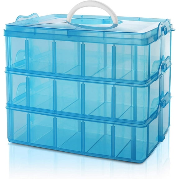 Large 3 Tier Stackable Adjustable Compartment Slot Bead Craft Jewellery Tool Storage Organiser, Yayun Plastic Organizer Box with 30 Compartments,Snap-lock Tray Container Box,Blue