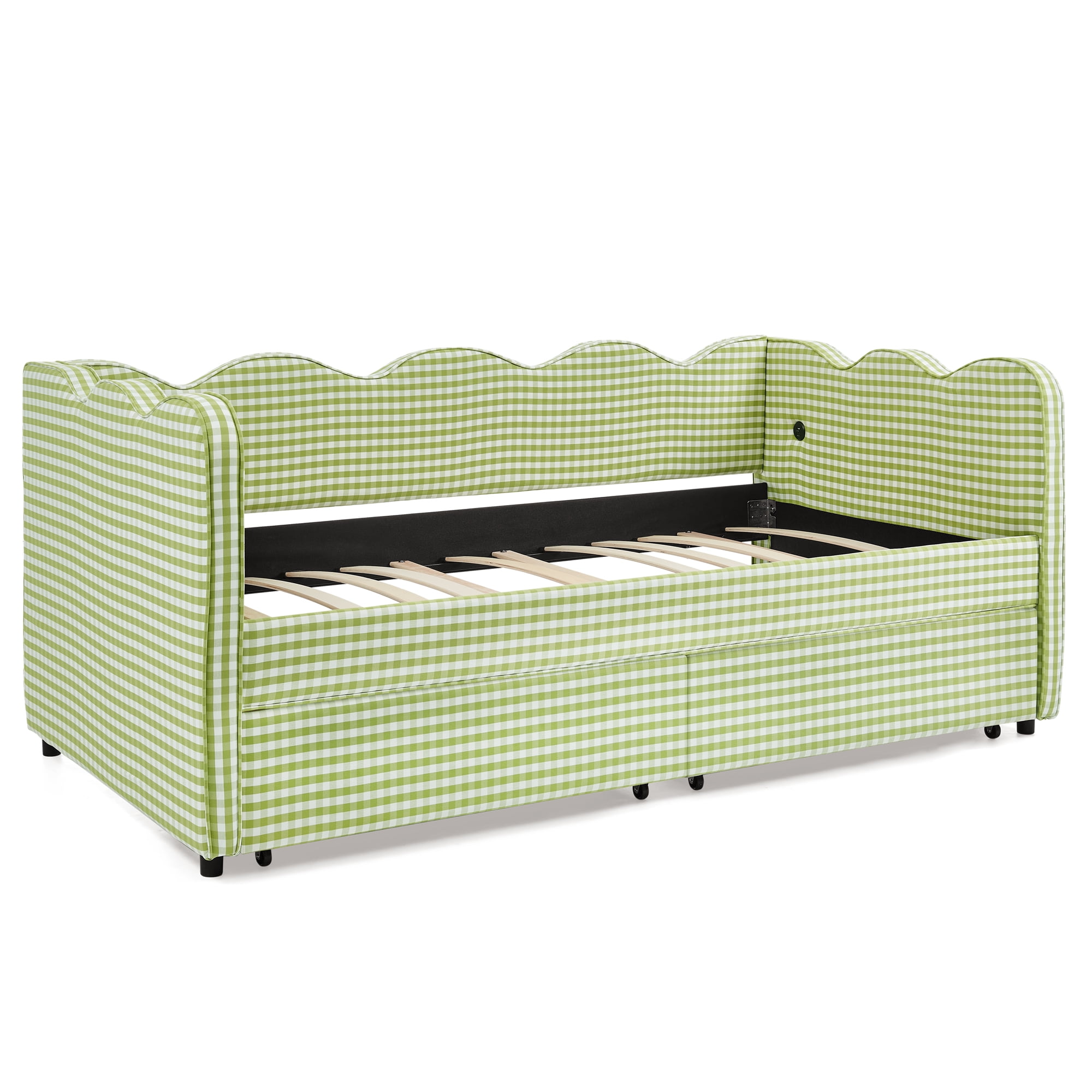 GARITIN Twin Size Daybed with 2 Storage Drawers, Gingham Sofa Bed with USB Port and Wavy Headboard for Kids Room, Green