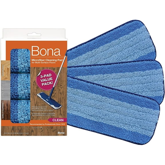 Bona Mop Microfiber Cleaning Pad for Hardwood & Hard Surface Floors - Value 3-Pack - For Use With Bona Mops - Dual Zone Cleaning