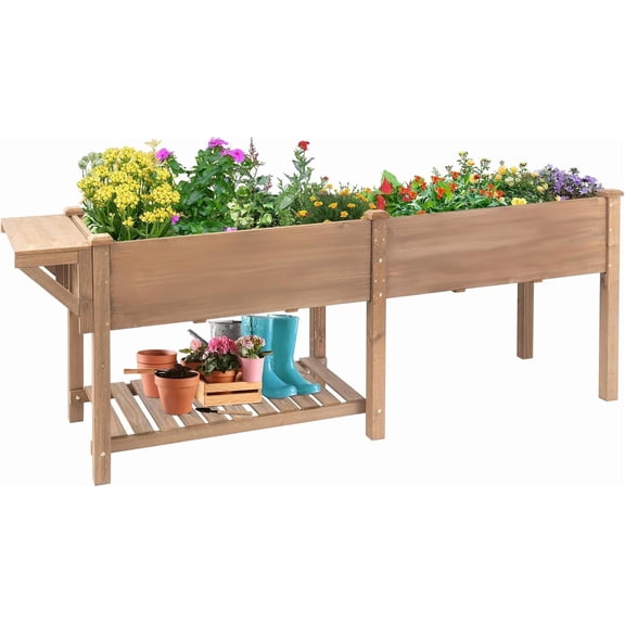Petsblublu 80x23x30in Raised Garden Bed, Elevated Wood Planter w/ Extra table, Shelf, Liner - Brown