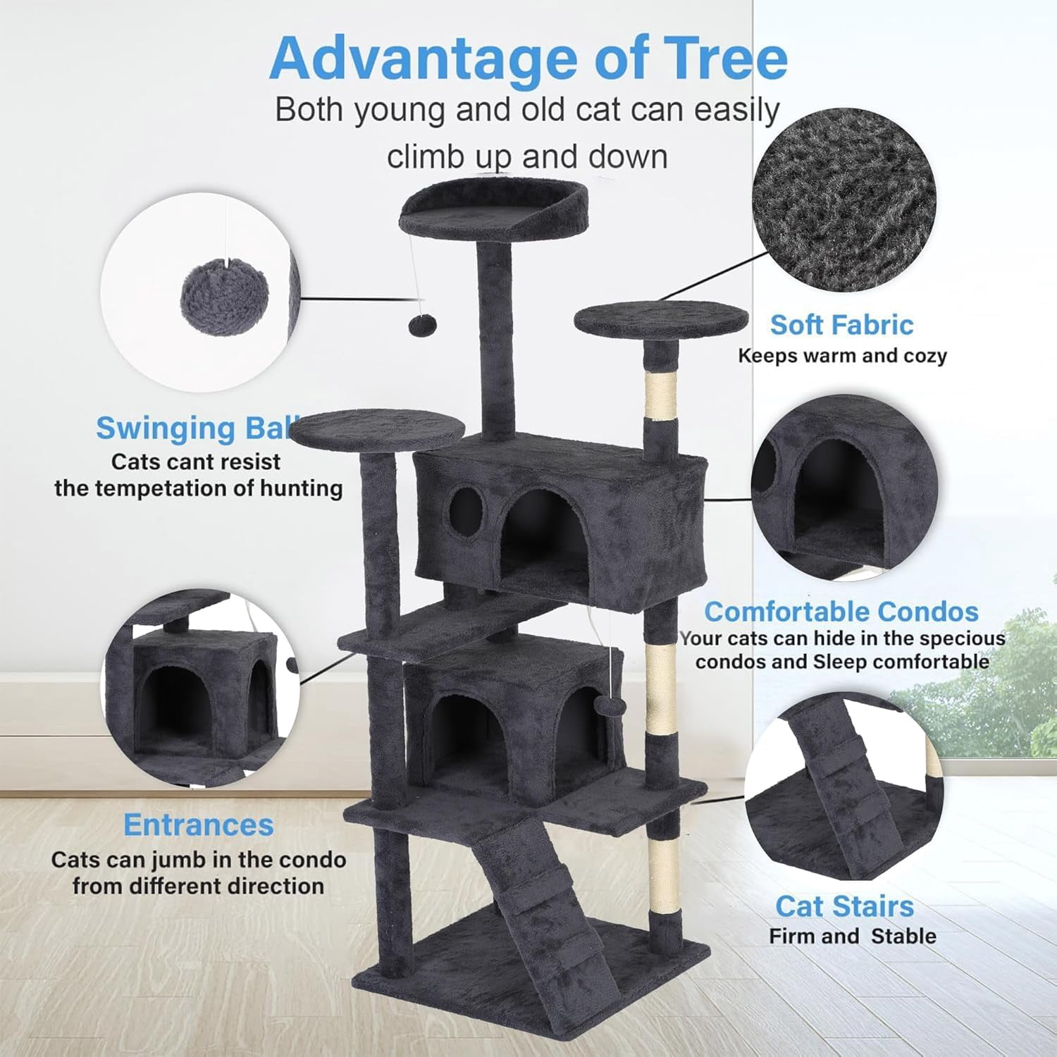 FDW 60 inch Dark Gray Cat Tree Tower, Cat Condo with Scratching Posts & Toys for Active Cats