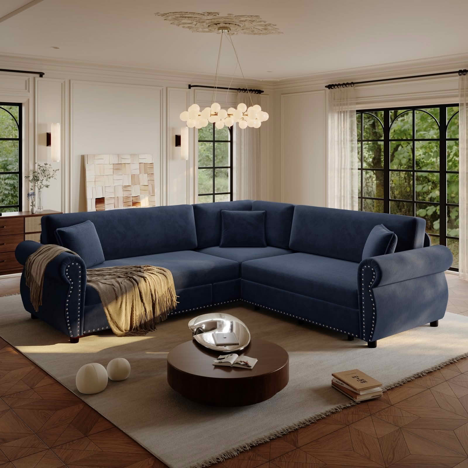 MAYEERTY 88.2" L‑Shaped Convertible Pull‑Out Sofa Bed, Chenille Sectional Couch with Nailhead Trim & Rolled Arms, Multifunctional Sleeper Sofa