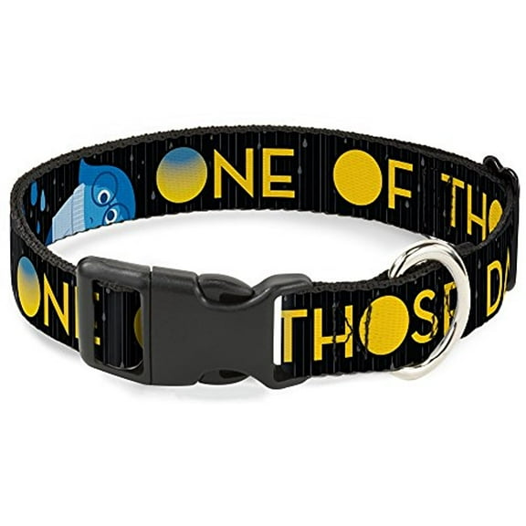 Buckle-Down Joy Poses Rain One of Those Days Black Gray Blues Yellow Disney Breakaway Plastic Clip Collar, Narrow-Large