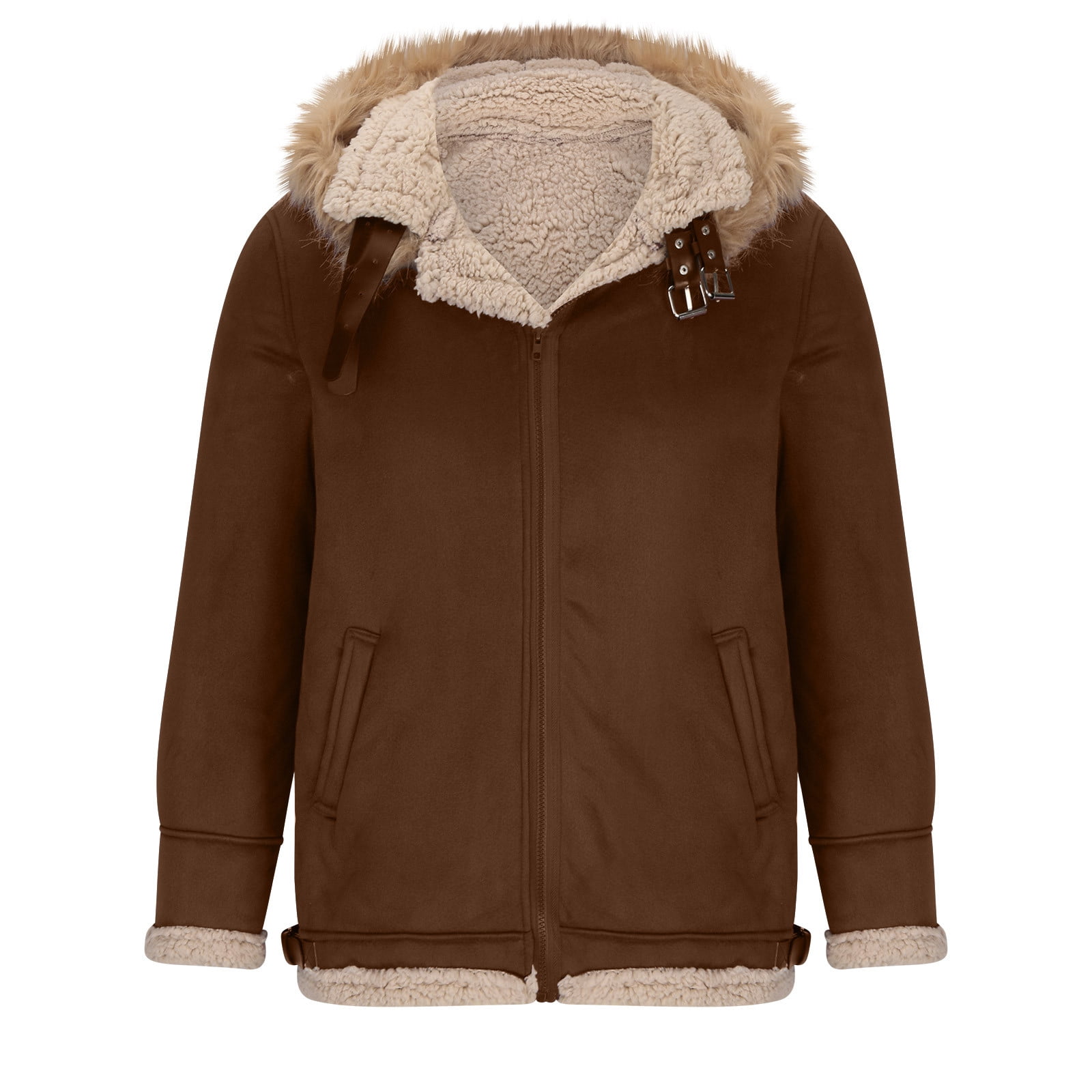 CHEEREAM Faux Leather Jacket Men Suede Faux Fur Jacket Outwear Coat with Hooded Winter Casual Sherpa Lined PU Leather Overcoat Coffee XL