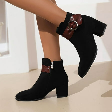

Fashion Women s Boots Solid Color Suede Side Zipper High Heel Coarse Heel Short Boots