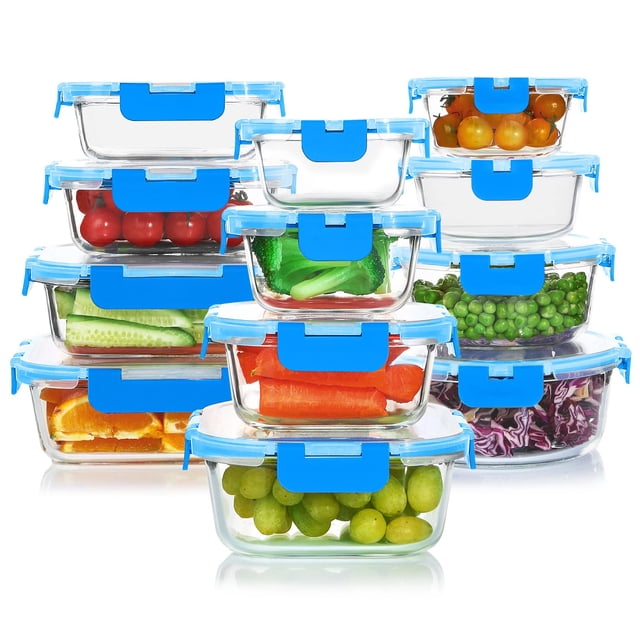 Juego de recipientes de vidrio para almacenamiento de alimentos KOMUEE, 24 piezas, azul