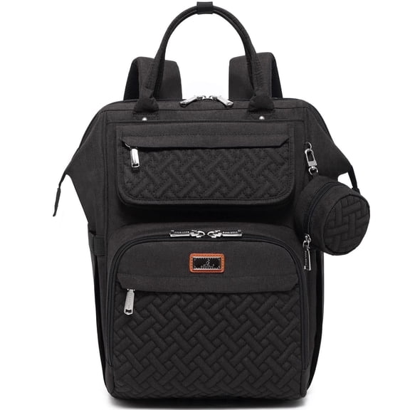 BabbleRoo Widetop Waterproof Diaper Backpack with Insulated Bottle Pockets, Polyester- Black