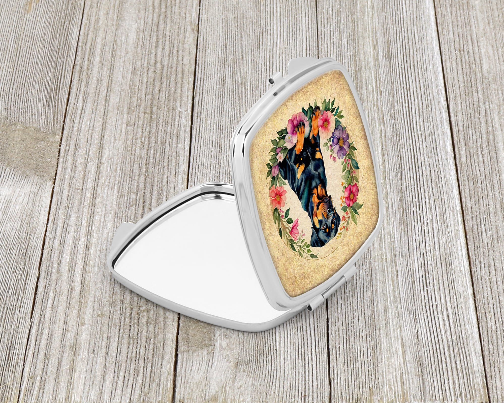 Rottweiler and Flowers Compact Mirror 2.75 in x 3 in