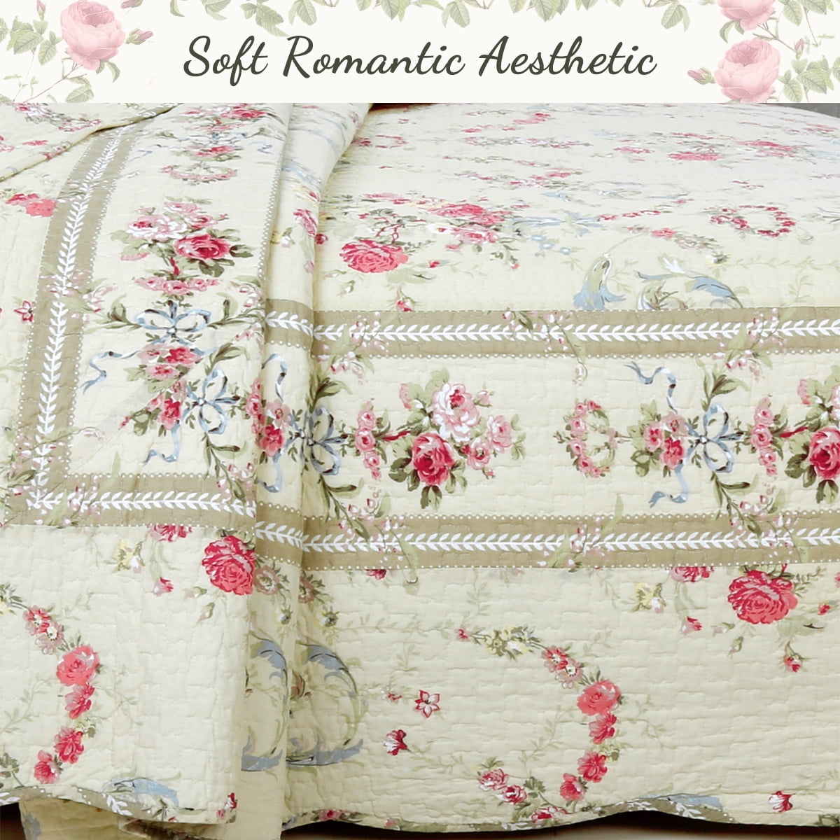 Cozy Line Prairie Bloom Reversible 100% Cotton Quilt Bedding Set, 3 piece King Set