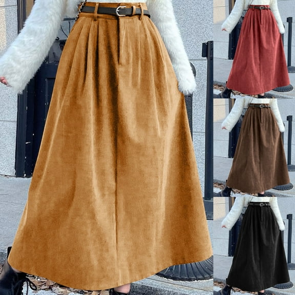THDHVS Women's Skirts,Women Solid Color Corduroy Maxi Skirt with Detachable Belt High Waist Flowy for Fall Winter Season Elegant and Casual Long Skirt,Skirts for Women Trendy