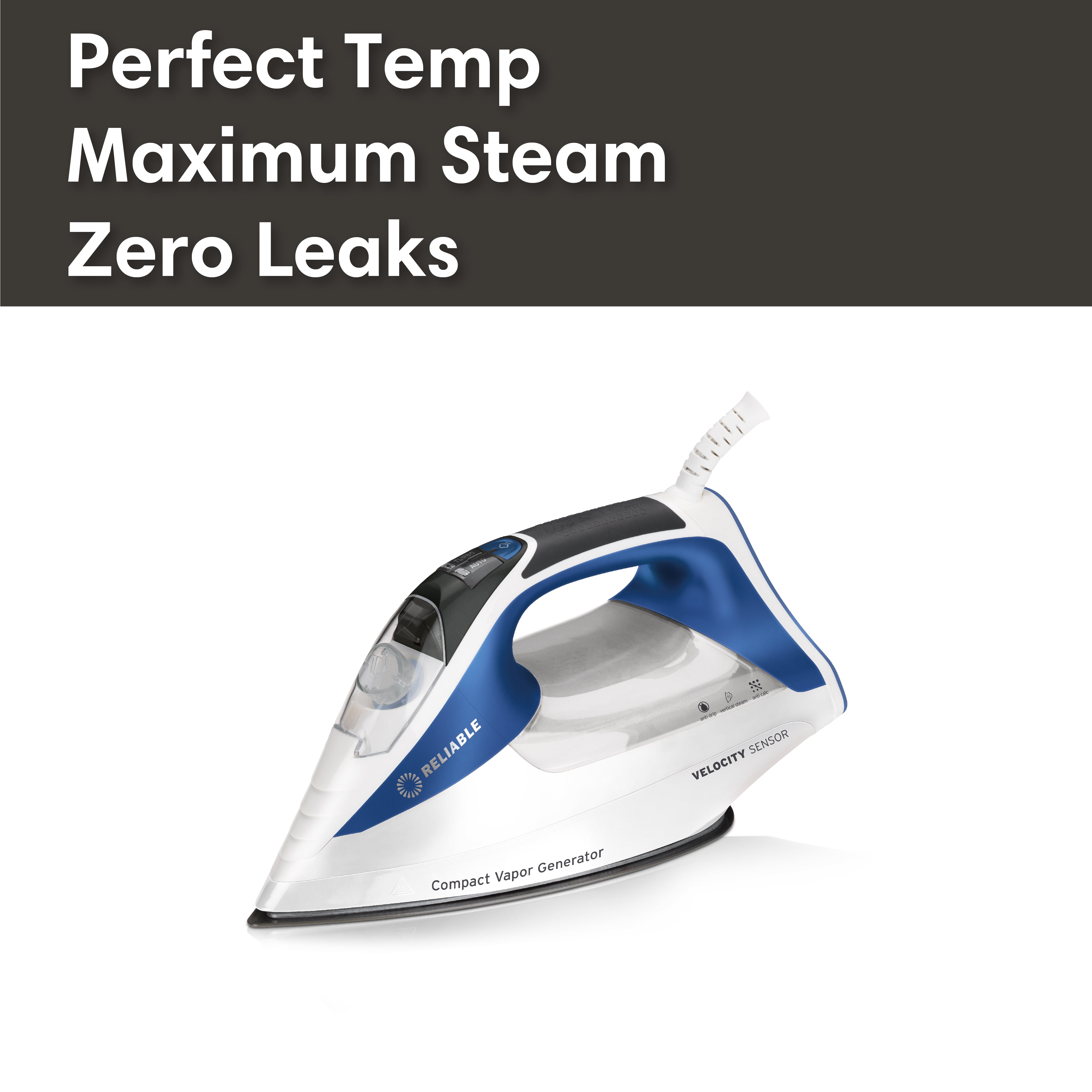 Reliable Velocity 240IR Steam Iron, Blue, Auto shut-off, Two temperature settings