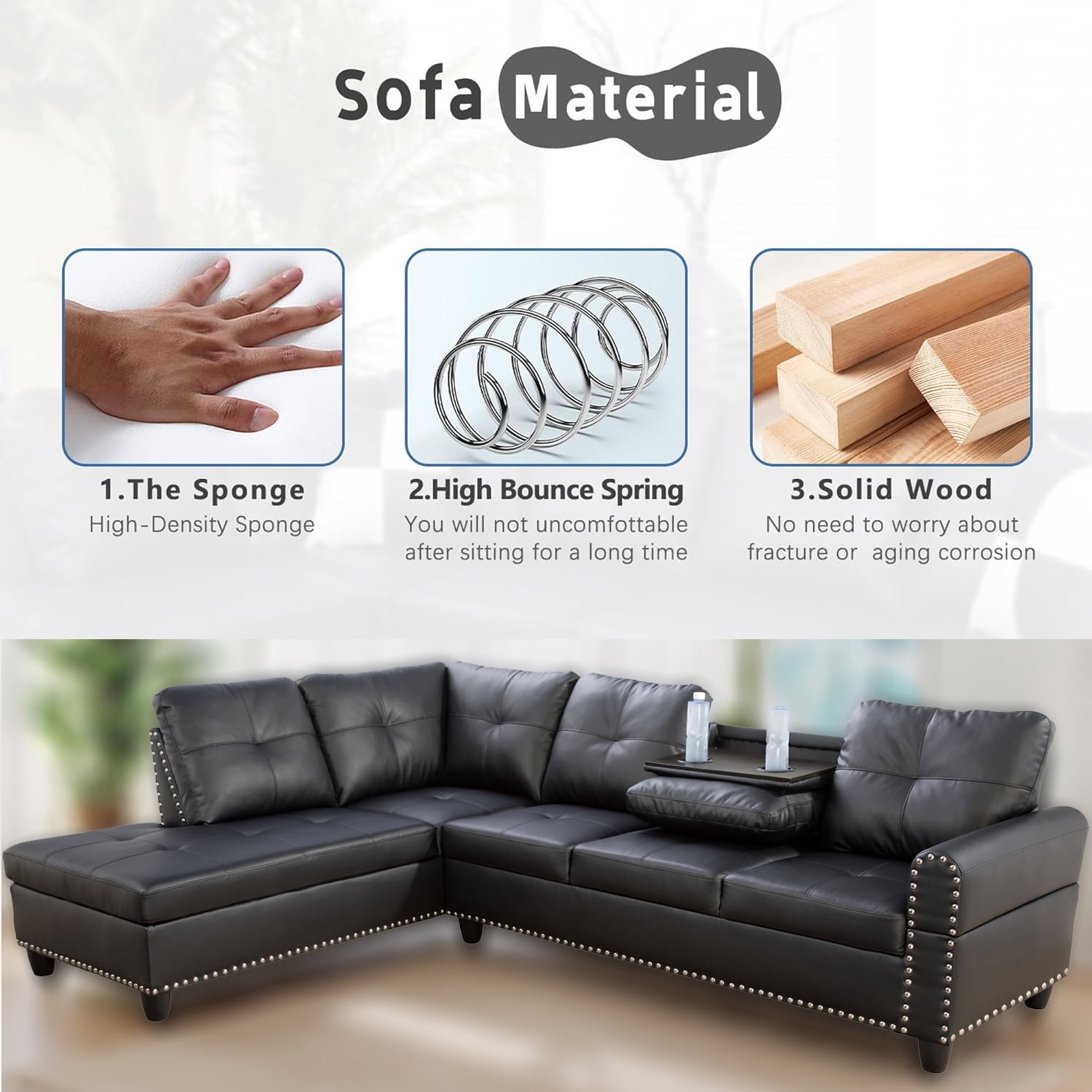 Sectional Couch for Living Room Furniture Sets, Faux Leather L Shape Living Room Sofa with Chaise 2 Piece Using for Apartment, Office, Bedrooms, Black(Facing Left Chaise)