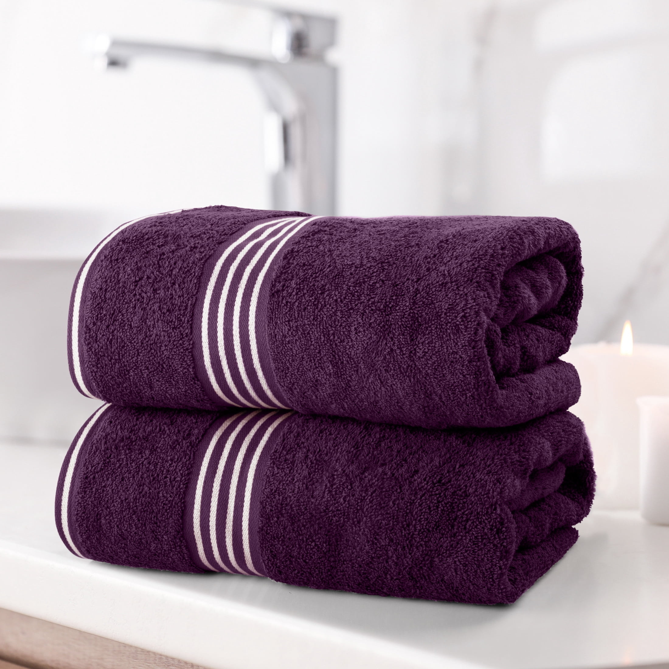 Lavish Home 35x70in Bath Towels - 2PC Quick Dry Cotton Towel Set (Purple)