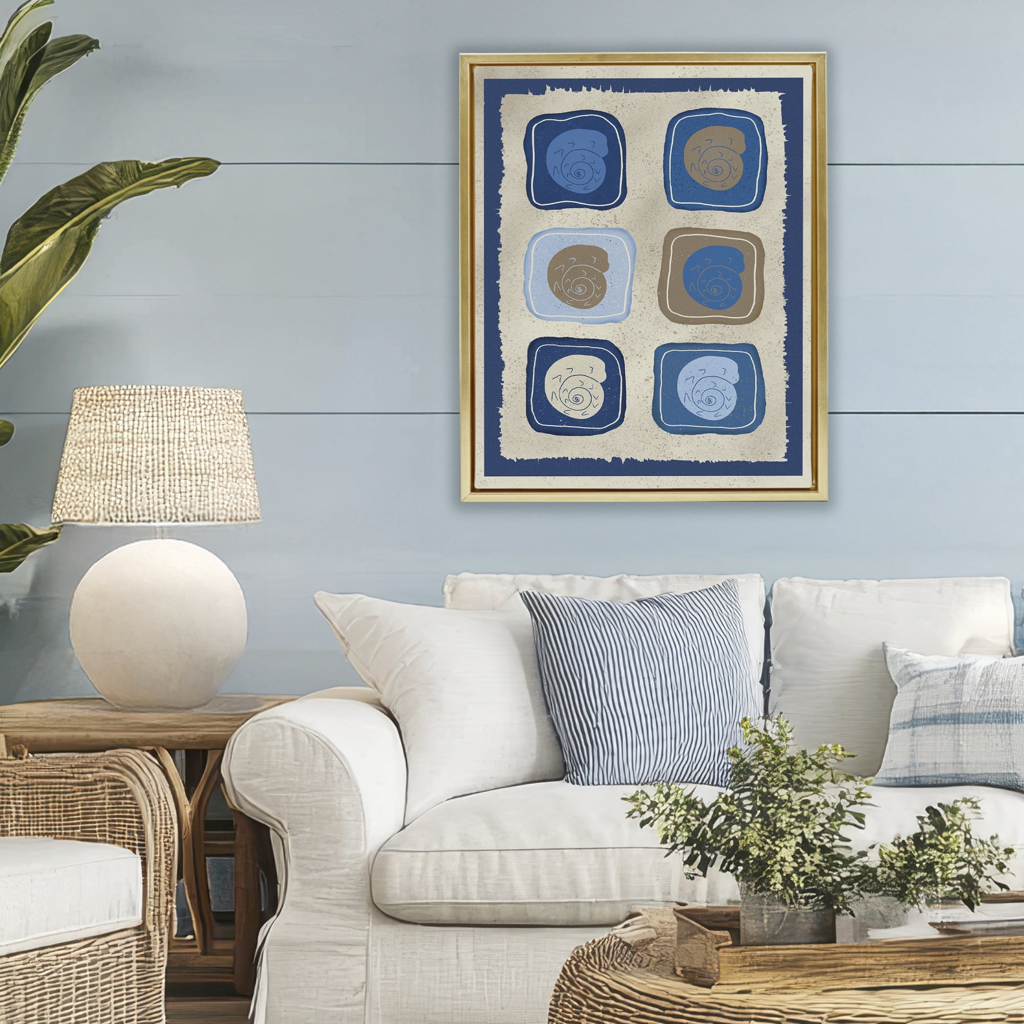 Stupell Industries Blue Blocked Nautilus Gold Framed Floater Canvas Wall Art, design by Julia Frost