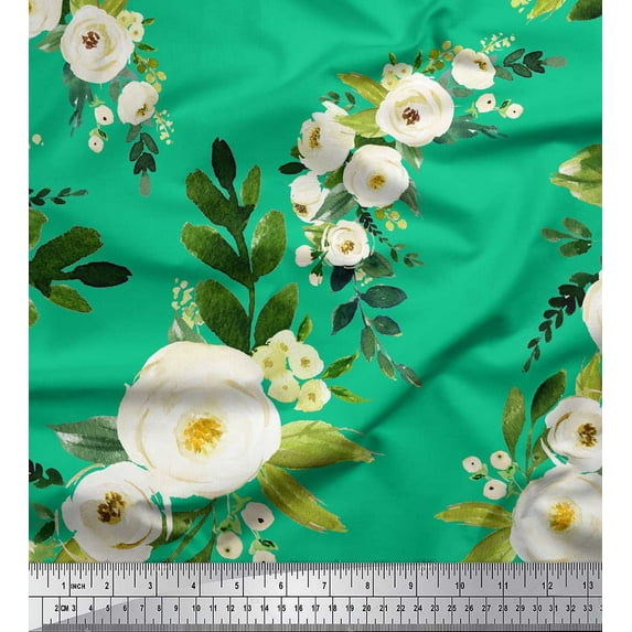 Soimoi Viscose Chiffon Fabric Leaves & Arabian Jasmine Floral Decor Fabric Printed Yard 42 Inch Wide