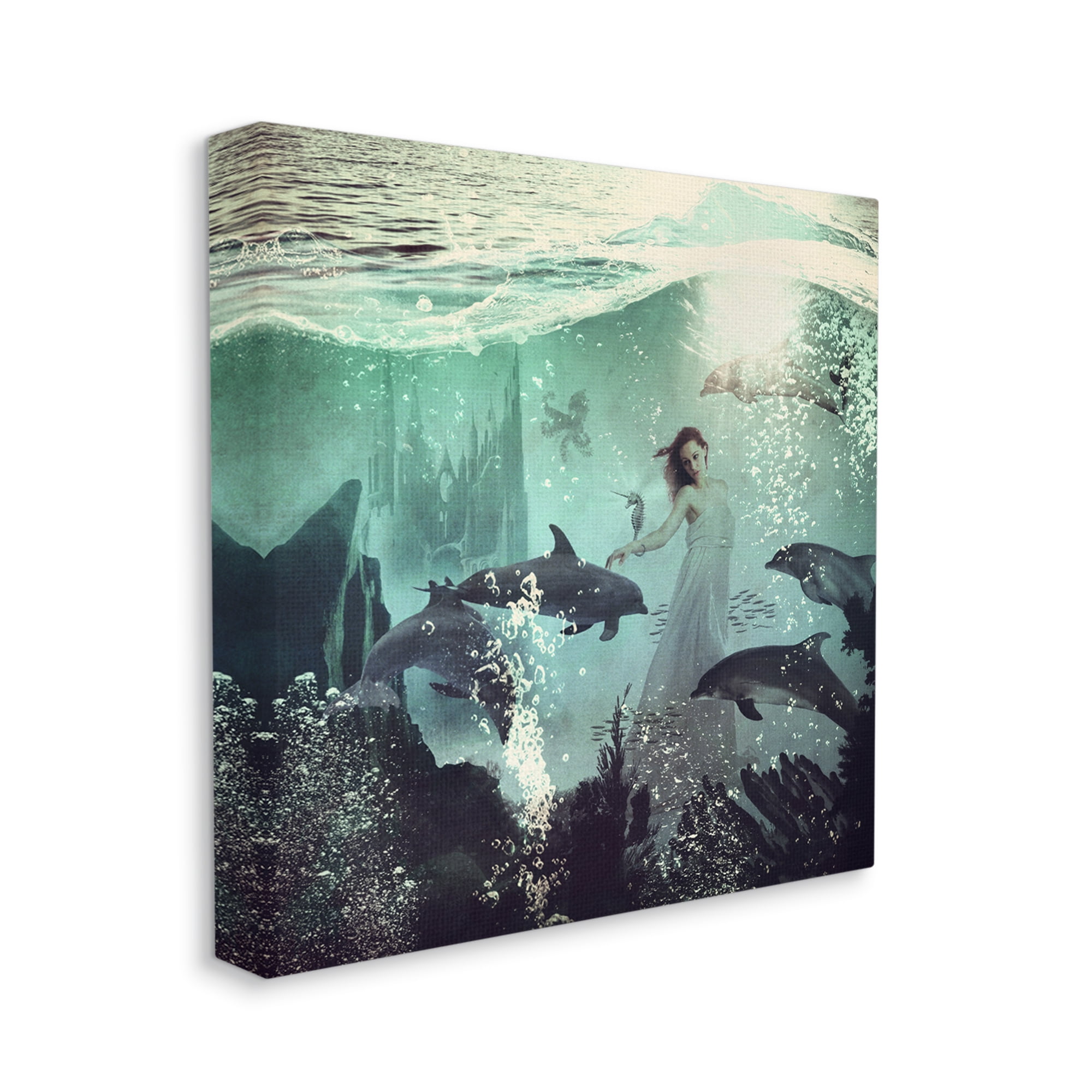 Surreal Woman Underwater Dolphins Splashing Bubbles Animals & Insects Graphic Art Gallery-Wrapped Canvas Print Wall Art