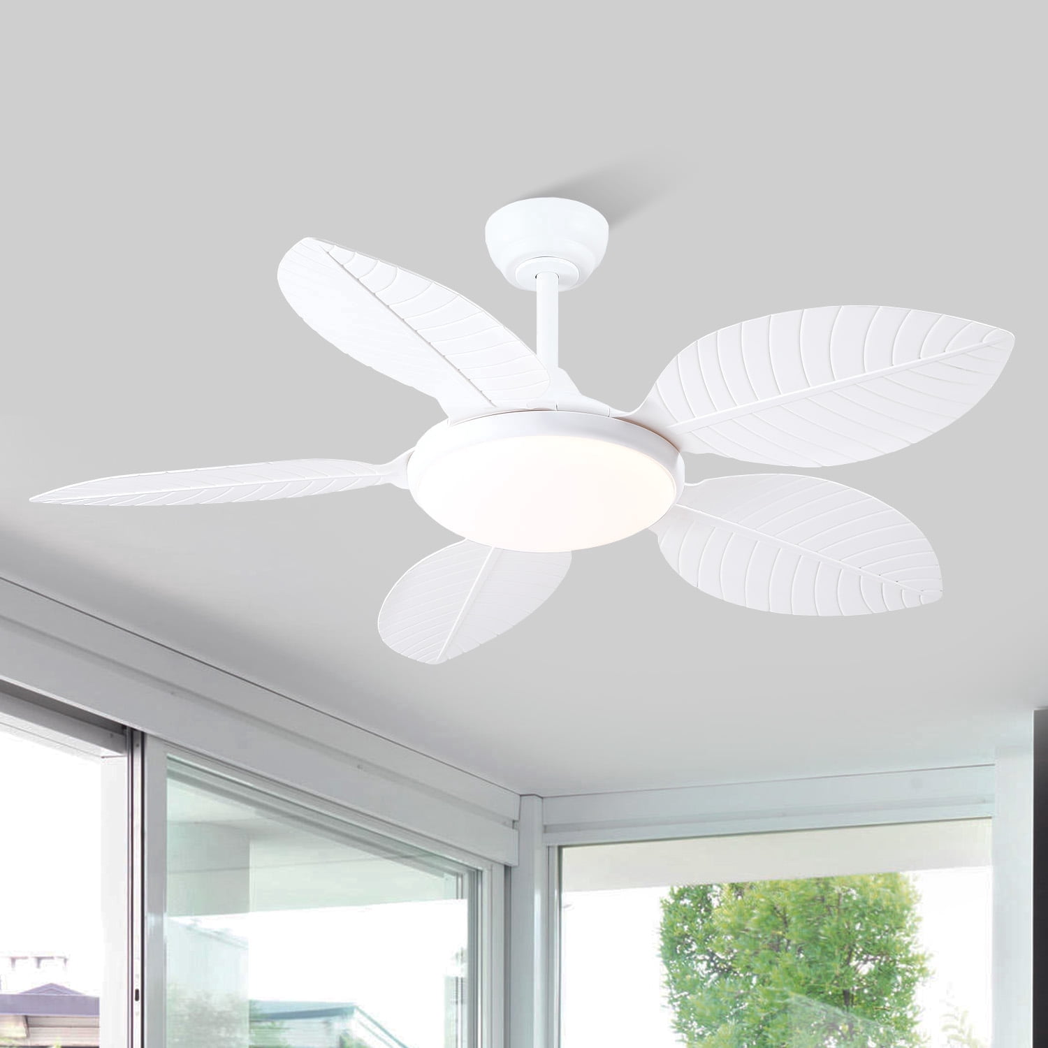 PHORUS 48'' Tropical Palm Leaf Ceiling Fan with LED Light, Remote & App Control, Quiet 6-Speed Reversible DC Motor, Dimmable Ambient Lighting, Indoor & Covered Outdoor Use,White