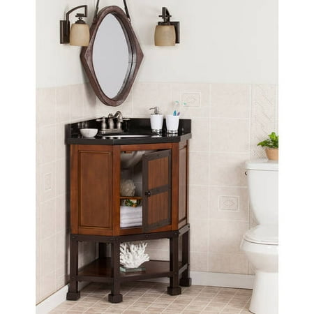 Granite Corner - Southern Enterprises Endera Corner Bath Vanity Single Sink with Granite Top, Brown Cherry