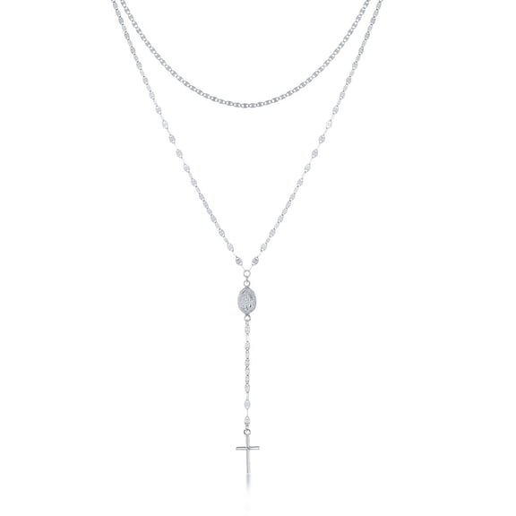 925 Sterling Silver Italian Rhodium Plated/Gold Plated High Polished Layered Flat Mirror and Mariner Rosary 18’’ Chain Necklace