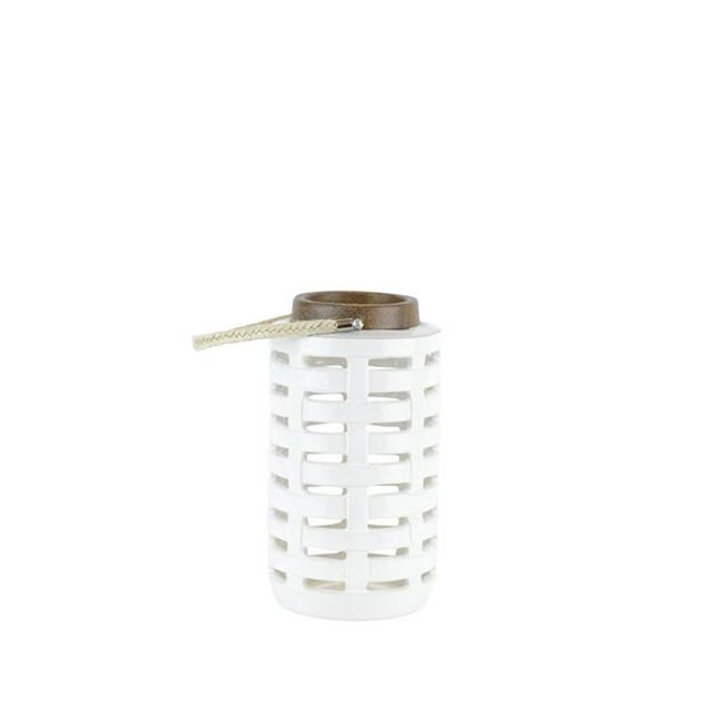 Benzara BM188086 Lattice Cutout Patterned Ceramic Lantern with Rope Handle - Brown & White - Small