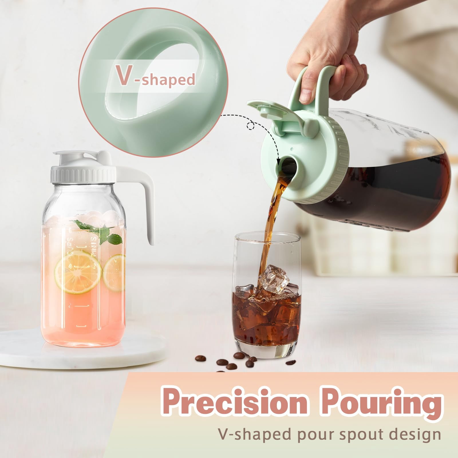 64oz Glass Pitcher With Lid & V-shaped Pour Spout - 2 Quart Breastmilk Double Leak Proof  Creamer Container For Sun Tea Juice Cold Brew Coffee Storage Containe