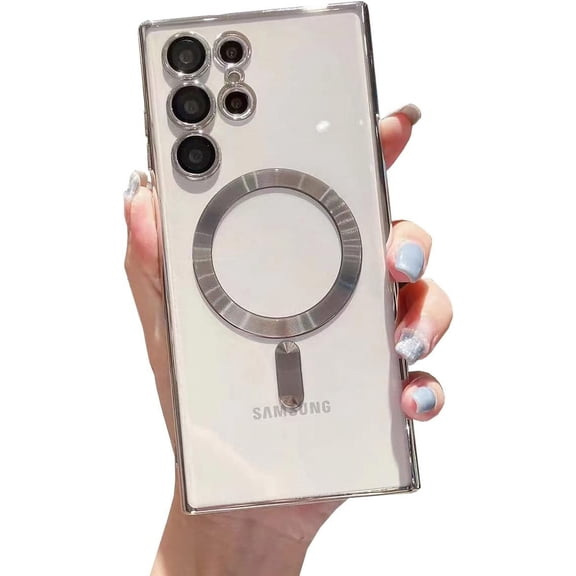 Galaxy S22 Ultra Case Magnetic [Support Magsafe Charger] Wireless Anti-Scratch Shockproof Plated Bumper Clear Full Camera Protection Phone Cover Case for Samsung Galaxy S22 Ultra-Silver