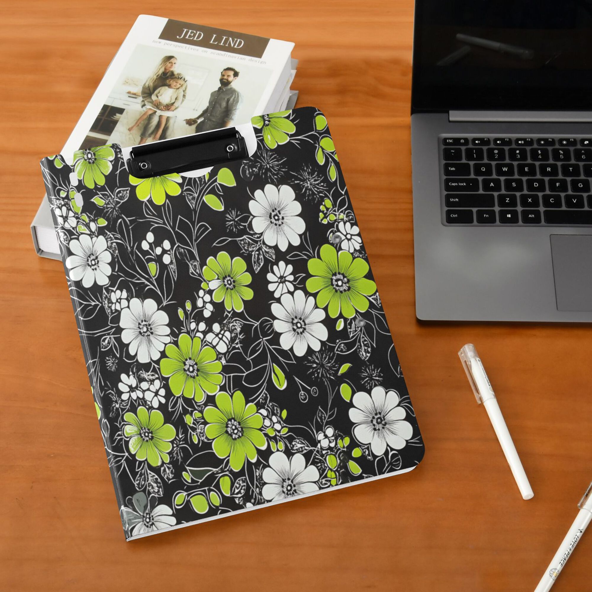 FORMRS A4 Clipboard Folder with Pen Holder Horizontal Foldable School Office Binder, White Flower Pattern
