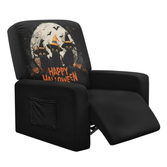 Psesaysky Halloween Black Cats Chair Cover for Recliner Happy Halloween 4-Pieces Washable Slipcover Set Non Slip Reclining with Storage Pockets Furniture Protector for Living Room