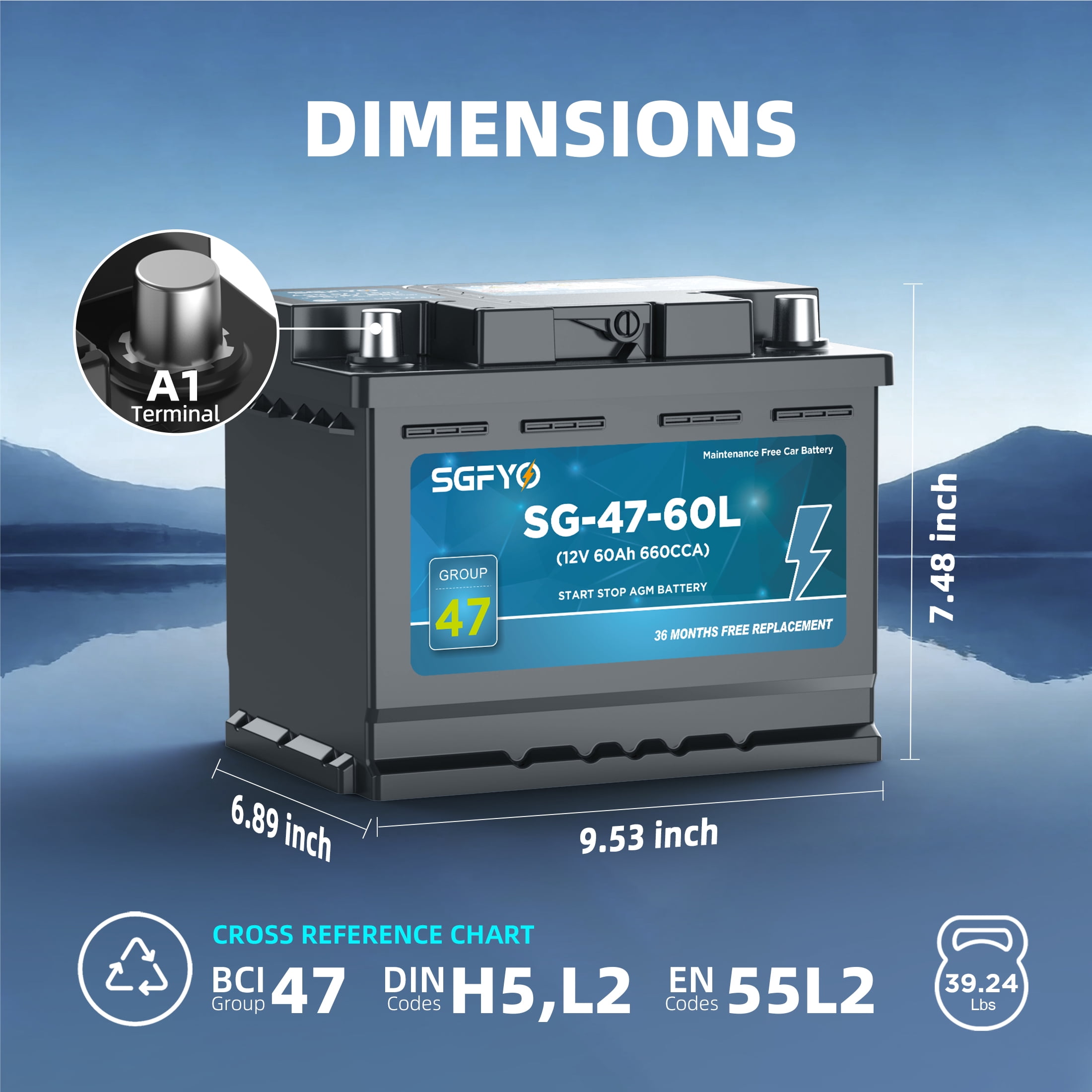 SGFYO Group Size 47 AGM Car Battery ,12V 60Ah 660CCA 100RC Maintenance Free H5 L2 Automotive Replacement Batteries