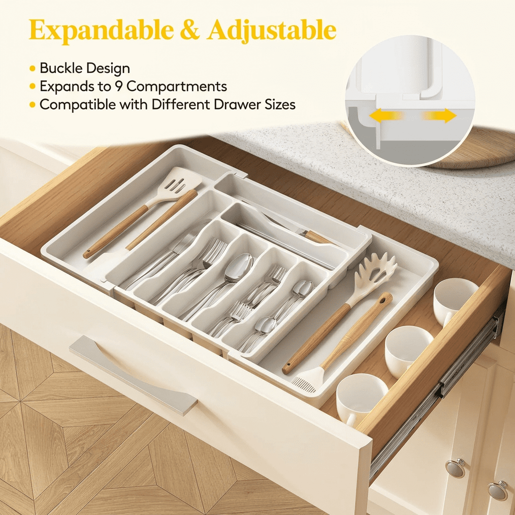 Norcho Expandable Utensil Organizer Drawer, Adjustable Cooking Silverware Tray, Plastic Spatula Tools Divider 13-22.4"x15" White