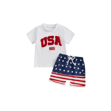 

Mioliknya 4th of July Baby Boy Outfit Short Sleeve Letter T-Shirt Top and Solid Color Shorts Independence Day Clothes Summer