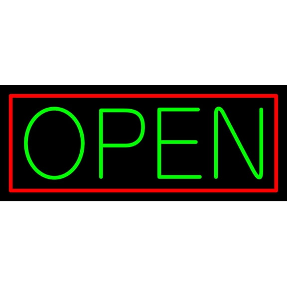Green Open With Red Border LED Neon Sign 13 x 32 - inches, Clear Edge Cut Acrylic Backing, with Dimmer - Bright and Premium built indoor LED Neon Sign for storefront.