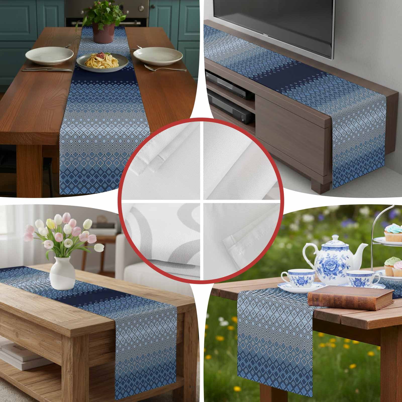Geometric Art Diamond Checker Table Runner 90 Inches Long, Modern Blue Ombre Gradient Table Runners Tabletop Scarf Kitchen Dining Tables Decoration for Home Party Indoor Outdoor