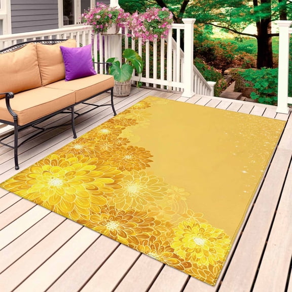 Yellow Golden Floral Outdoor Rug 3x5 Ft, Non Slip Washable Area Rug, Spring Summer Shiny Flowers Patio Rugs Carpet Runner, Large Floor Mat for Indoor/Outdoor Deck Porch Camping