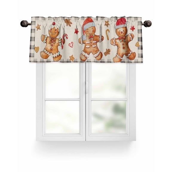 Vintage Christmas Gingerbread Man Kitchen Valances for Windows Beige Black Plaid Valance Curtains for Kitchen /Living Room/Bedroom/ Bathroom Decor, 54"x18 " ,Rod Pocket 1 Panel,