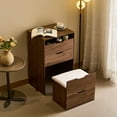 thumbnail image 3 of 3-in-1 Vanity Desk with Mirror And Lights, Small Vanity Dresser Set with Visible Glass Tabletop, 3 Drawers, Storage Bench, 3-color Lighting Mirror, Suitable for Bedroom,Walnut, 3 of 10