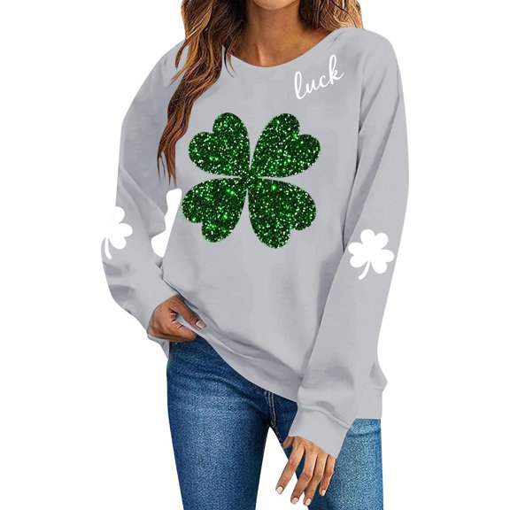 BRGZLK St.Patrick's Day Sweatshirts for Women Round Neck Print Sweatshirt Long Sleeve Funny Irish Shamrock Graphic Pullover Top Holiday Clothes Gray L