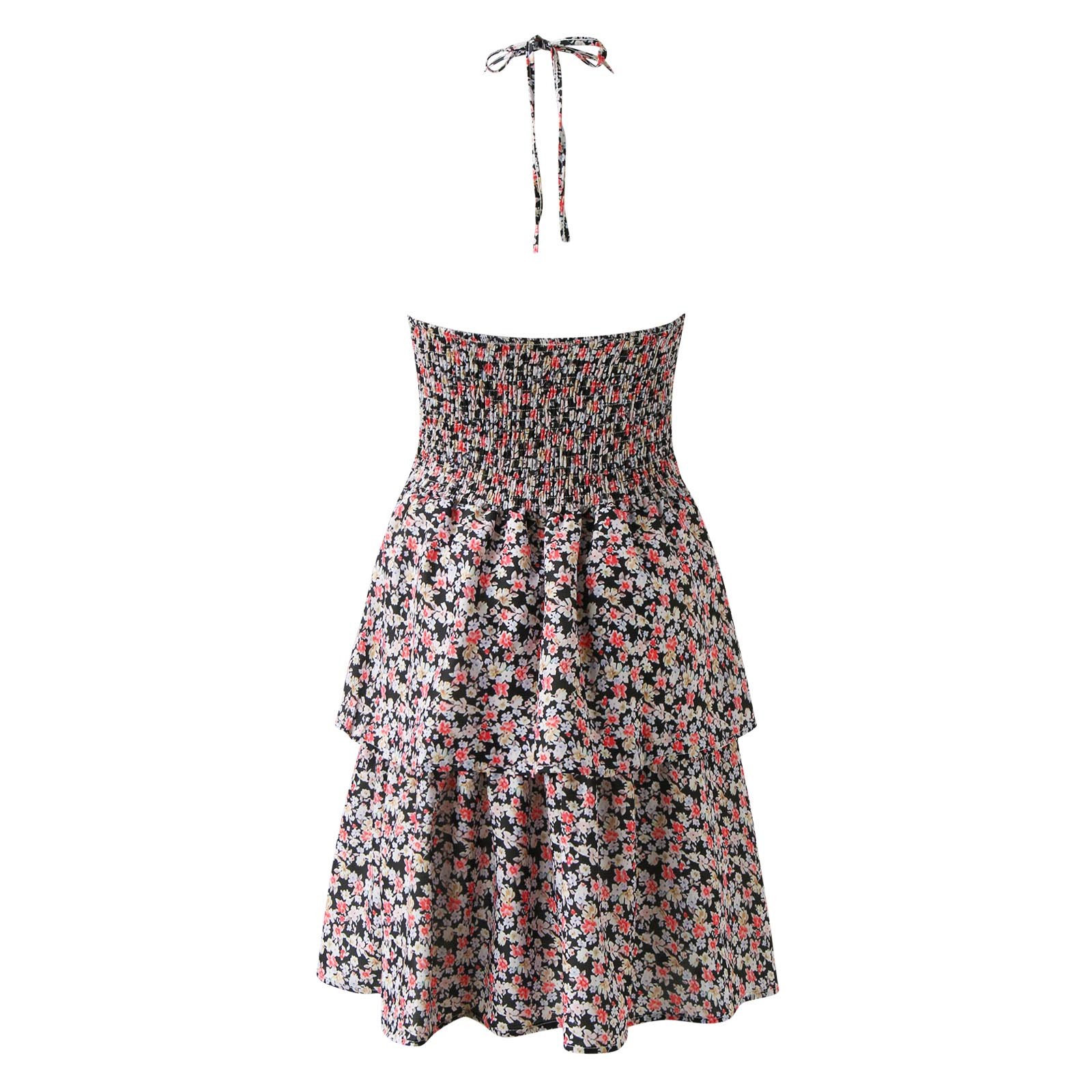 Women Fashion Summer Boho Floral Sundress Sleeveless Halter Neck Elastic  Waist Tiered Ruffle Mini Swing Dress Backless Summer Dress Tie Waist Dress  Sun Dress Women Casual Smock Dresses Woman Dresses - Walmart.com