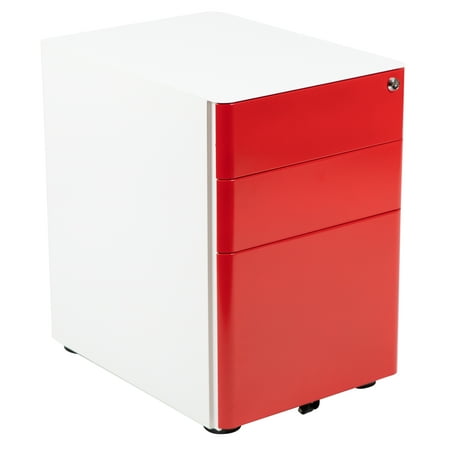 UPC: 0889142556046 | Flash Furniture Warner Modern 3-Drawer Mobile Locking Filing Cabinet with Anti-Tilt Mechanism & Letter/Legal Drawer  White with Red Faceplate