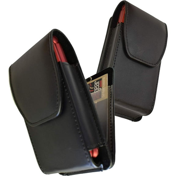 Black leather Vertical case with ID section and rotating clip fits Verizon Orbic Journey Flip Phone