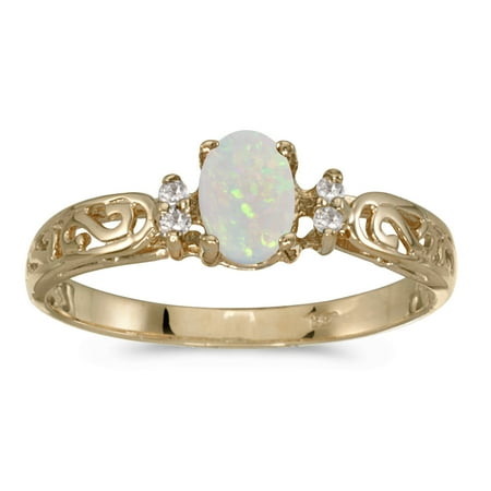 - 14k Yellow Gold Oval Opal And Diamond Filigree Ring