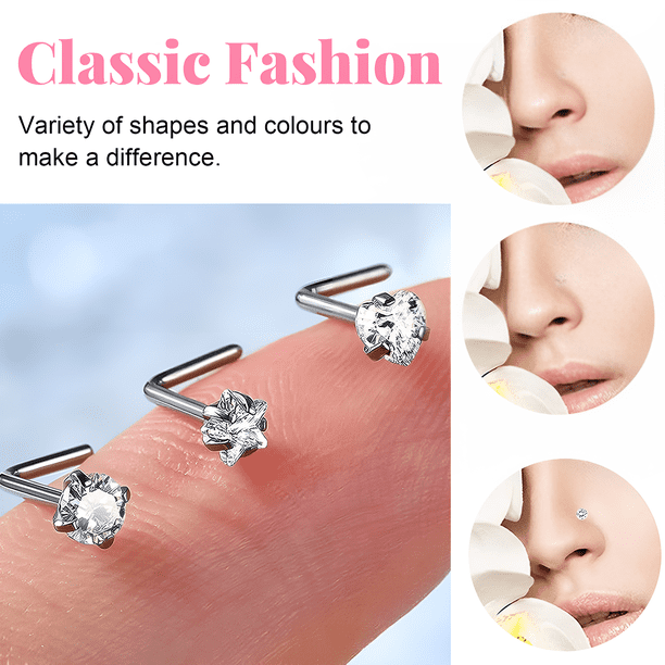 PAIR 20G 3/4" Long 2mm CZ Gem Steel Nose Rings - Bend To Fit Body Jewelry Studs