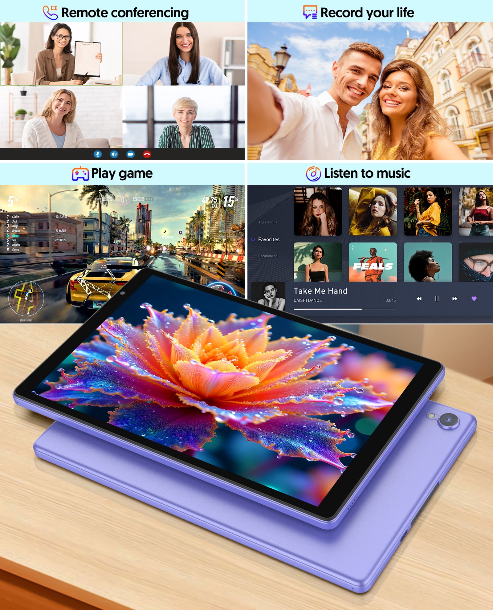 Android Tablet, 10 inch Android 14 Tablet, Quad-core CPU, RAM 4GB（2G+2G）, ROM 32GB (Up to 1TB), 800x1280 IPS, WiFi 6, 2MP+2MP, 6000mAh, Purple
